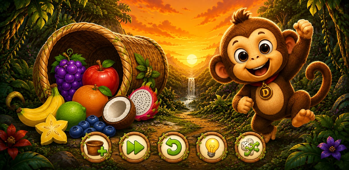 Donaldo, o macaquinho da selva, ao lado de um cesto cheio de frutas coloridas e dos ícones de ajuda do jogo
