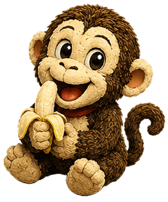 Donaldo, o mascote macaquinho, acenando com uma banana na mão